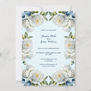 Blaue Pastel Weißrose Blumenstrauß Hochzeit Einladung