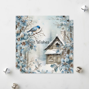 Blaue Pastell-Blumen Vogel Altes Haus Weihnachten