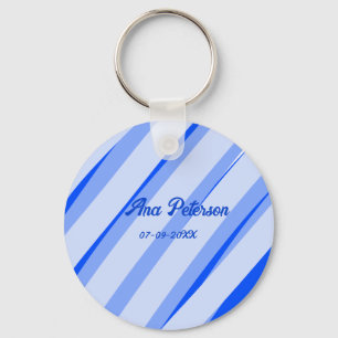 Blaue Pastell-Linien mit Namen Datum Boho Retro-Mu Schlüsselanhänger