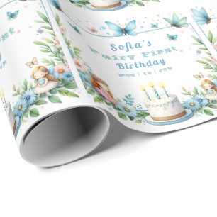 Blaue Pastell Schmetterlings Fee zum ersten Geburt Geschenkpapier