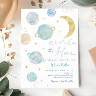 Blaue Pastell-Weltraum-Baby-Party über dem Mond Einladung