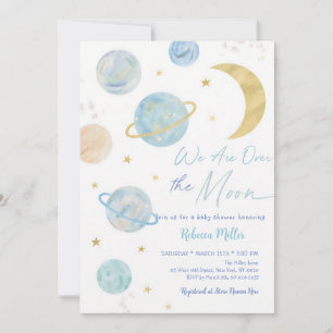 Blaue Pastell-Weltraum-Baby-Party über dem Mond Einladung
