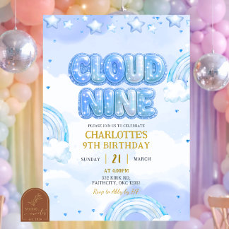 Blaue Pastell-Wolken-Neun-Geburtstag Einladung