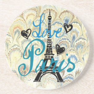 BLAUE PASTELLHERZEN LIEBE-PARIS UND EIFFEL-DRUCK SANDSTEIN UNTERSETZER