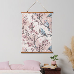 Blaue Pastellvögel mit rosa Kirschblüten Wandteppich Mit Holzrahmen