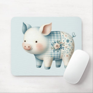 Blaue Patchwork-Schwein-Cottagecore-Illustration Mousepad