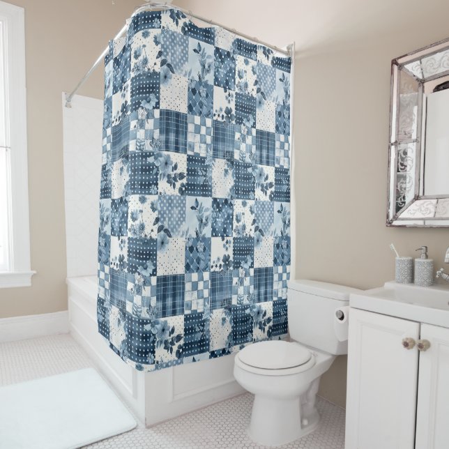Blaue Patchworkdecke Rustikale Blumen Retro Duschvorhang (Beispiel)