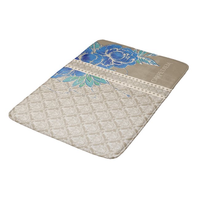 BLAUE PEONIES & DAMASK ~ Bath Mat Badematte (Schrägansicht)