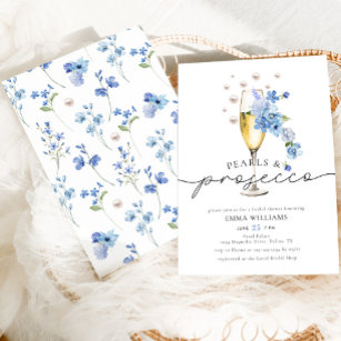 Blaue Perlen und Prosecco-Brautparty Einladung