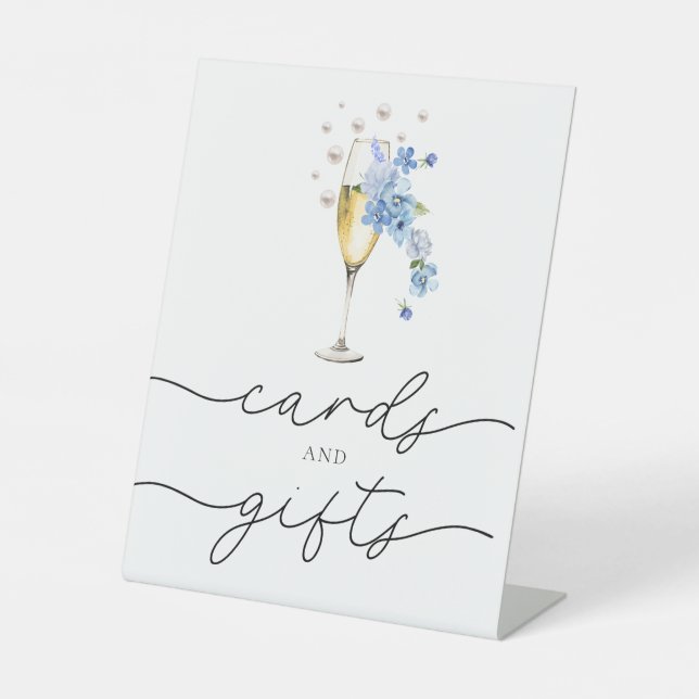 Blaue Perlen und Prosecco Karten und Geschenke Sockelschild (Vorderseite)