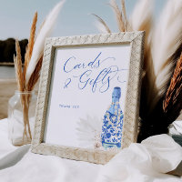 Blaue Perlen und Prosecco Karten Zeichen