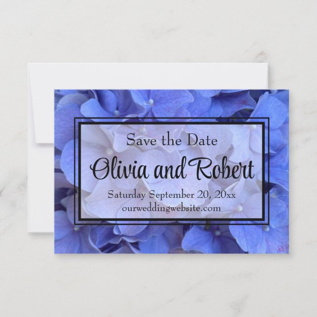 Blaue Perwinkle, elegante Blumenhydrangeas Save The Date (Vorderseite)