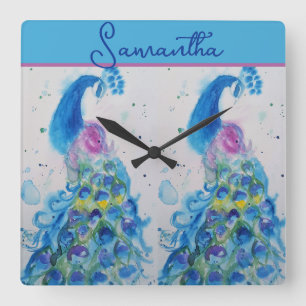 Blaue Pfau-Aquarellmalerei Mädchenname Quadratische Wanduhr