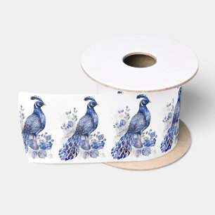 Blaue Pfaue im Delft-Stil mit Blume Satinband