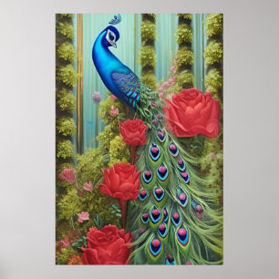 Blaue Pfaue in Rose und Garten des Himmlischen Fri Poster