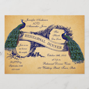 Blaue Pfauen Vintage Probedinner-Einladung Einladung