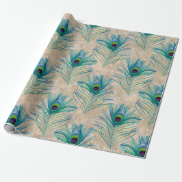 Blaue Pfauenfedern auf hellbraun Geschenkpapier