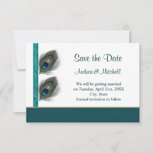 Blaue Pfauenfedern Save the Date einladen