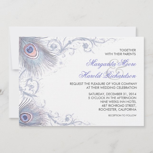 Blaue Pfauenfedern Vintage Hochzeit Einladungen (Vorderseite)