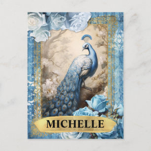 Blaue Pfauenkunst mit Goldfiligran und Rosen Postkarte