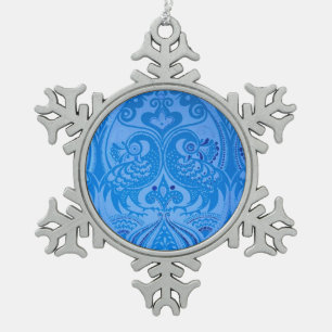 Blaue Pfauenvögel Schneeflocken Zinn-Ornament
