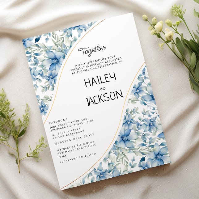 Blaue Pfefferminze Botanische Hochzeit der Wasserf Einladung (Watercolor navy blue mint floral botanical wedding)