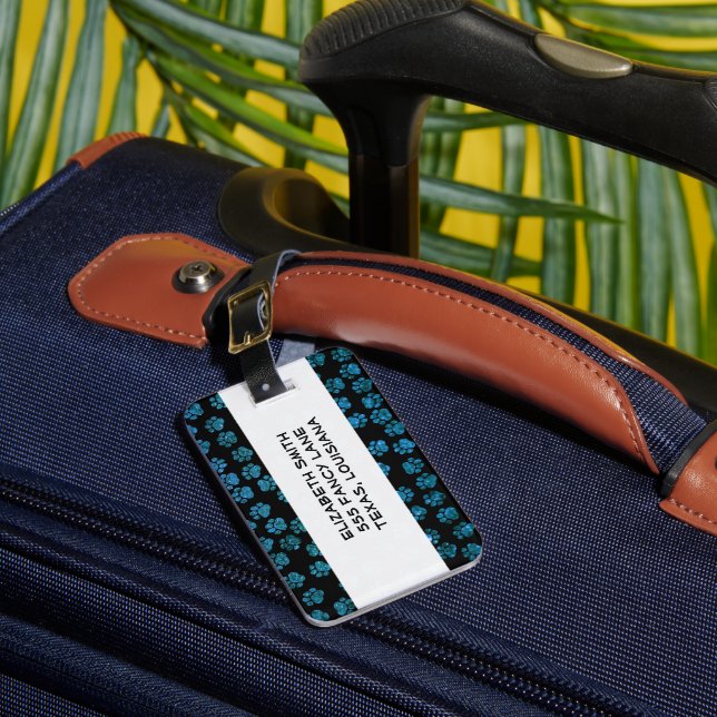 Blaue Pfeifen, Glitzer Paws, Blauer Glitzer, Hunde Gepäckanhänger (Vorderseite Insitu 1)