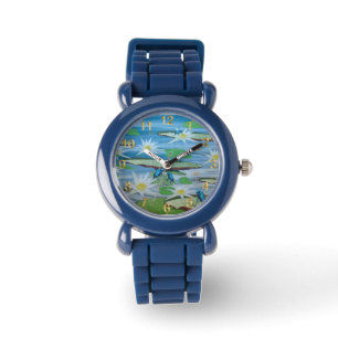 Blaue Pfeilgiftfrösche auf Seerosenblättern, Kinde Armbanduhr