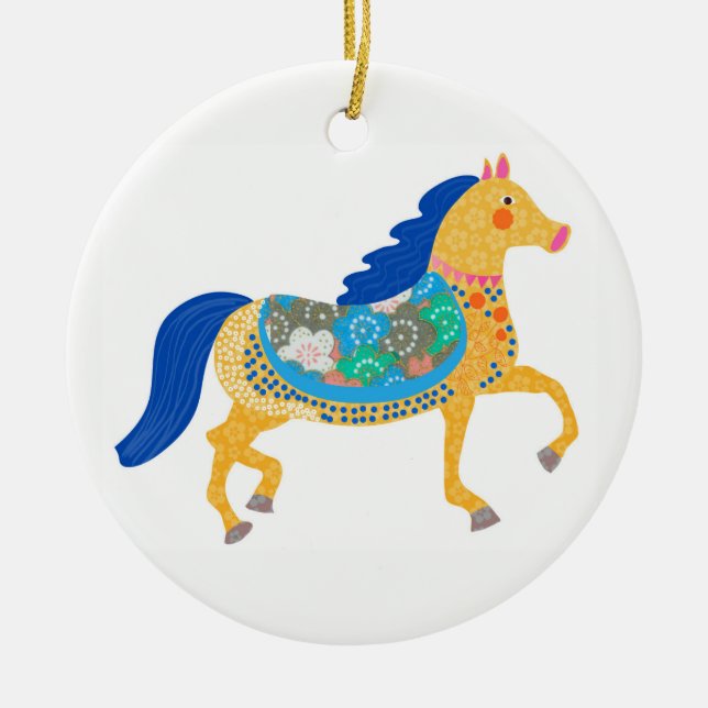 Blaue Pferd Weihnachtsdekoration Keramikornament (Vorne)
