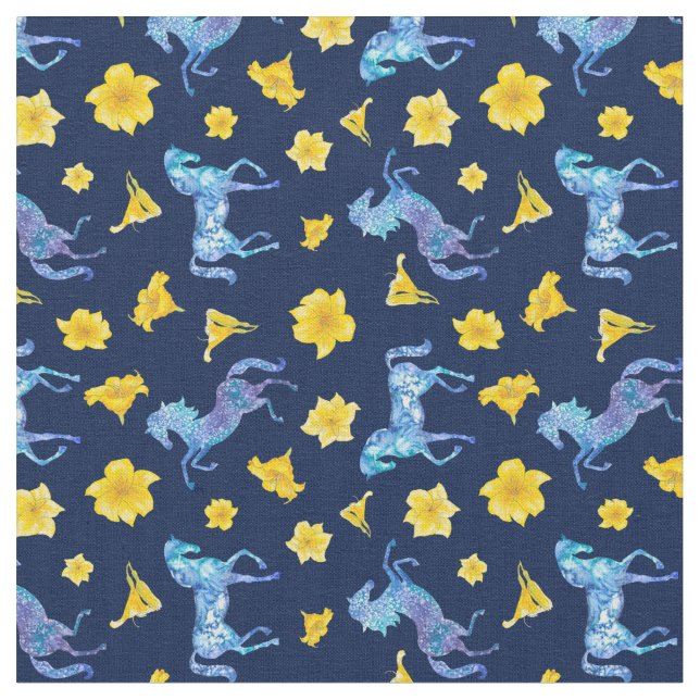 Blaue Pferde und gelbe Lilien Stoff (Nahaufnahme)