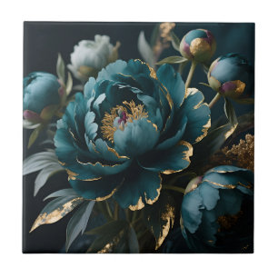 Blaue Pfingstrose Gold Luxus Botanische Blüte Fliese