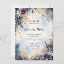 Blaue Pfirsich-Aquarell-Blumen-Hochzeitseinladung
