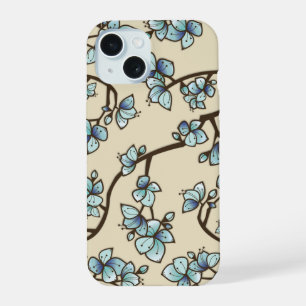 Blaue Pfirsich-Kirschblüten Elegante Sakura Floral iPhone 15 Hülle