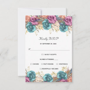 Blaue Pfirsich-Rosen-Blumen-Hochzeit Formal Elegan RSVP Karte
