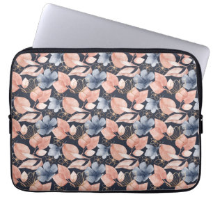 Blaue, pfirsichfarbene und goldene Blumen - Stilvo Laptopschutzhülle
