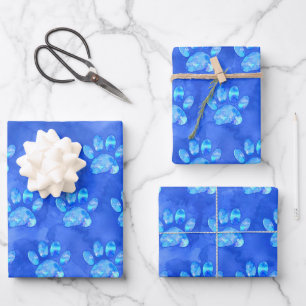 Blaue Pfotenabdruck-Wasserfarbe nach Maß Geschenkpapier Set