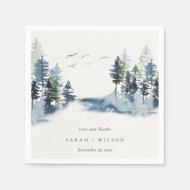 Blaue Pine Woods Forest Birds dank Hochzeit Serviette (Vorderseite)