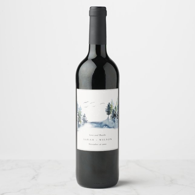 Blaue Pine Woods Forest Birds dank Hochzeit Weinetikett (Vorderseite)