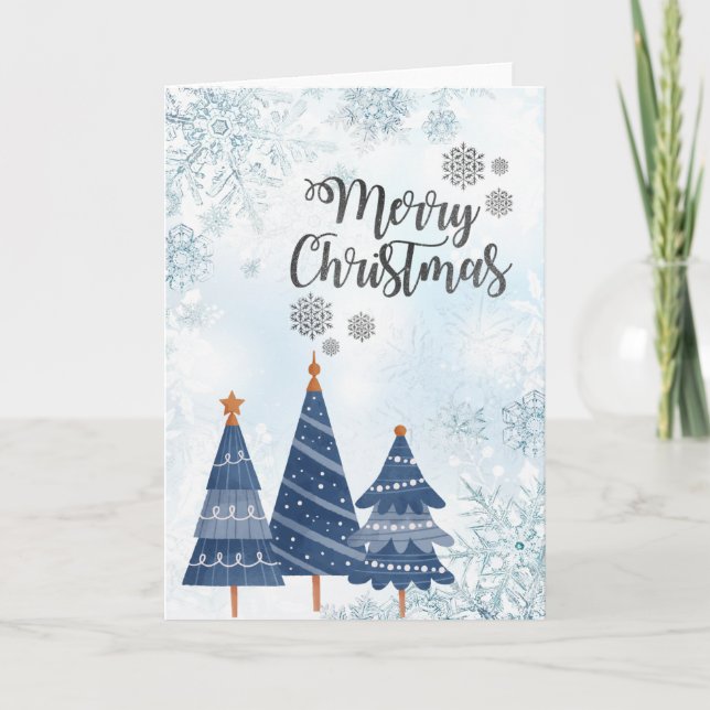 Blaue Pinienbäume, Schneeflocken Feiertagskarte (Vorderseite)