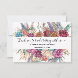Blaue Pink Pfirsich Blumen Kalligrafie Hochzeit Dankeskarte