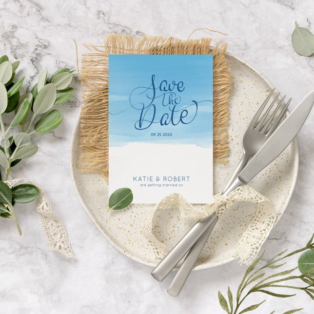 Blaue Pinselstriche Save the Date Typografie Ankündigungspostkarte (Von Creator hochgeladen)