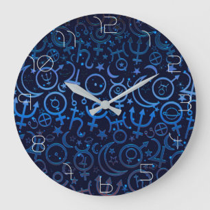 Blaue planetarische Symbole Mystisches Universum P Große Wanduhr