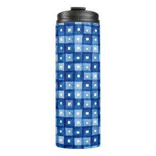 Blaue Plätze, Aquarellfarben Nahtloses Mosaik. Thermosbecher