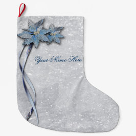 Blaue Poinsettias auf Silber Großer Weihnachtsstrumpf