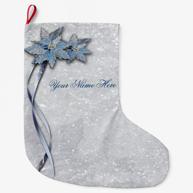 Blaue Poinsettias auf Silber Großer Weihnachtsstrumpf (Vorderseite)