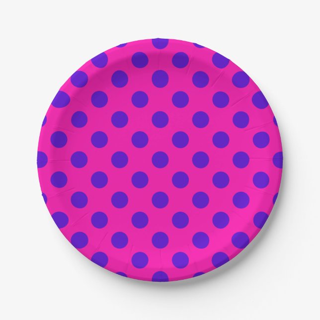 Blaue Polka-Punkte auf Fuchsia Pappteller (Vorderseite)