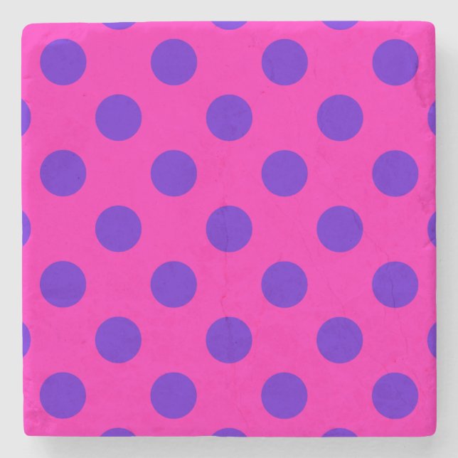 Blaue Polka-Punkte auf Fuchsia Steinuntersetzer (Vorderseite)