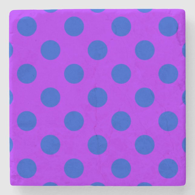 Blaue Polka Punkte auf lila Steinuntersetzer (Vorderseite)