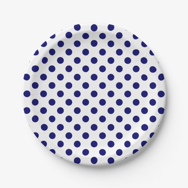 Blaue Polka-Punkte auf Weiß Pappteller (Vorderseite)