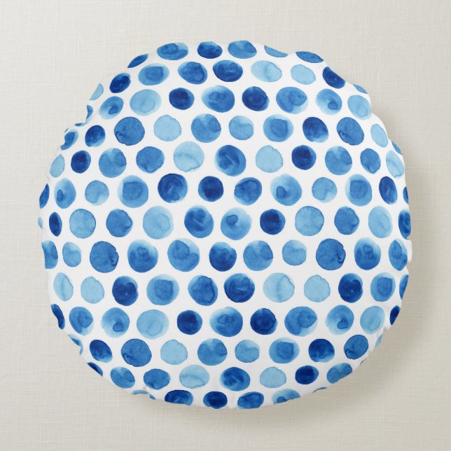 Blaue Polka Punkte, wasserfarbenes, nahtloses Must Rundes Kissen (Vorderseite)